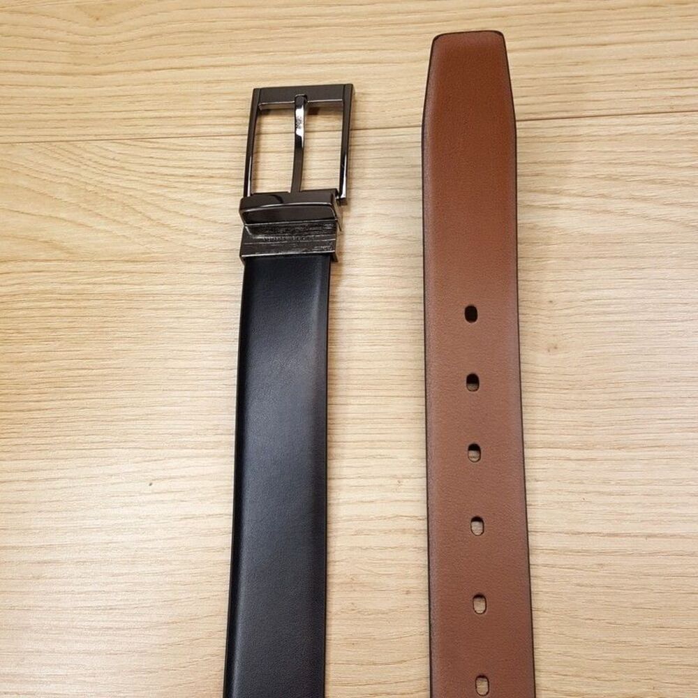 PERRY ELLIS Mens Belt Size 30 Brown Black Bonded Leather Reversible